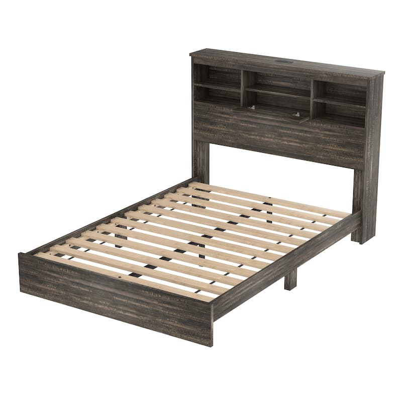 Roomfitters 4-Piece Bedroom Set, Wooden Queen Size Bed with Storage Headboard and Charging Station