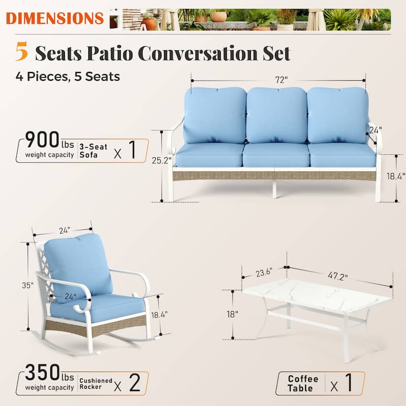 MAISON ARTS 5-Seat Patio Furniture Set, 2 x Cushioned Metal Chair, 1 x 3-Seat Sofa with Marbling Coffee Table