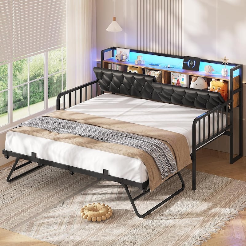 Daybed with Trundle Charging Station LED Lights Storage Headboard