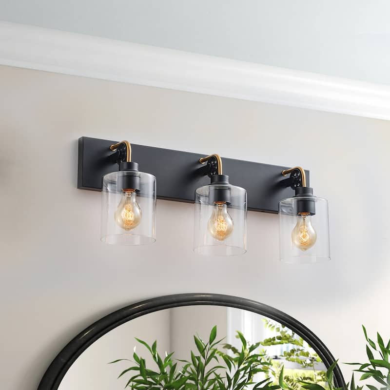 Matte Black 3-Light Bathroom Vanity Light with Cylinder Clear Glass Shade