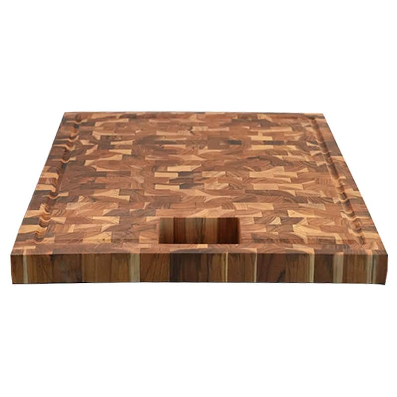 EcoDecors, Teak End Grain Cutting Board 17" x 18" FSC Teak Butcher Block, Juice Groove, Waste Chute, Handles