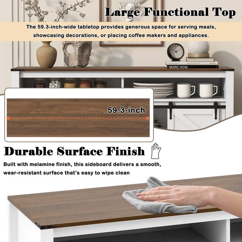 Buffet Cabinet with Sliding Barn Door and Mesh Panels, Open Storage