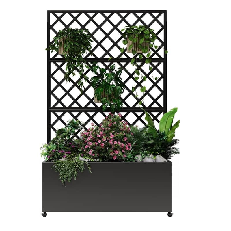 70x35x15Inch Large Elevated Galvanized Steel Garden Bed with Trellis and Privacy Screen Outdoor Planter Box on Locking Wheels - 117*180cm