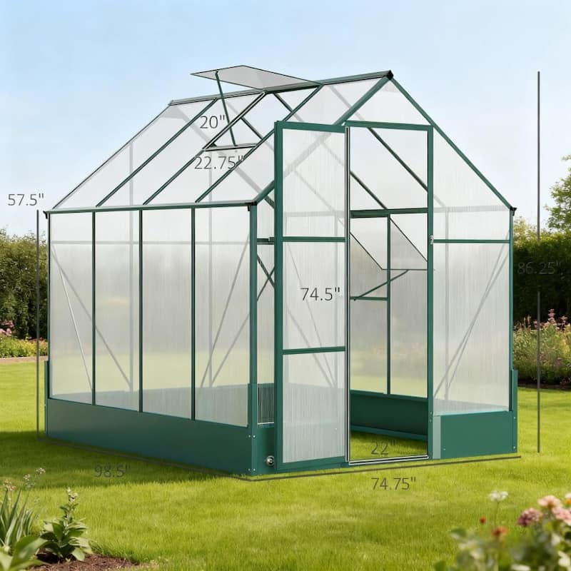 GDFStudio - Outdoor 8'x6' Aluminum Frame Walk-In Polycarbonate Greenhouse with Auto Roof Vent & Rain Gutter - Green