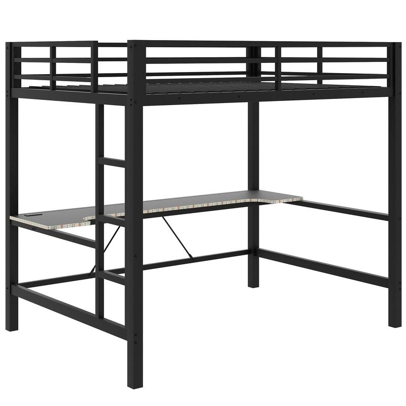 Full Size Gaming Metal Loft Bed Frame with LED Light, USB Charge Station and Desk