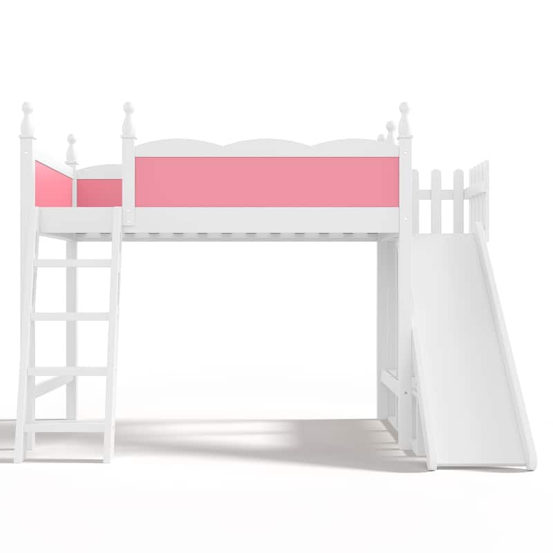 Twin Loft Bed with Storage Shelves and Wardrobe, Solid Wood Loft Beds with Detachable Slide and Ladders, No Spring Box Needed