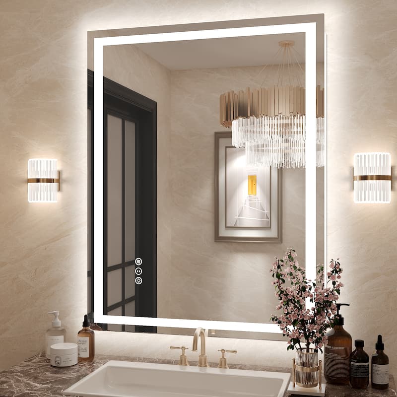 Frameless LED Front Light and Backlit 3 Colors Dimmable Anti-Fog Wall Bathroom Vanity Mirror - 32" x 28"-Square Corner