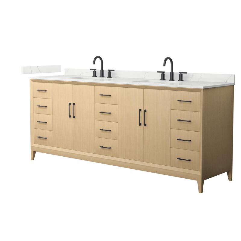 Wyndham Collection WCH7575-84D-QTZ-US3MXX Janna 84" Free Standing - White Oak / Giotto Quartz Top / Matte Black