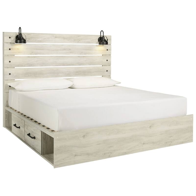 Cemy Rustic King Panel Bed, 2 Sconce Lights and 4 Drawers, Whitewash