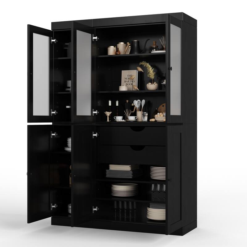 Palace Imports 100% Solid Wood 48.5" Pantry Cabinet with Frosted Glass, Shaker Doors, 2-Drawers and Adjustable Shelves