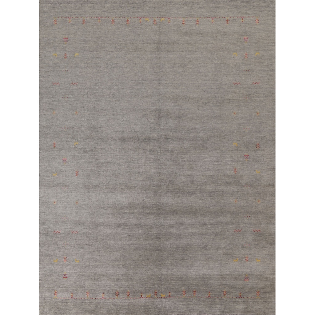 Tribal Gabbeh Area Rug Hand-Knotted Beige Wool Carpet - 8'1"x 9'8"