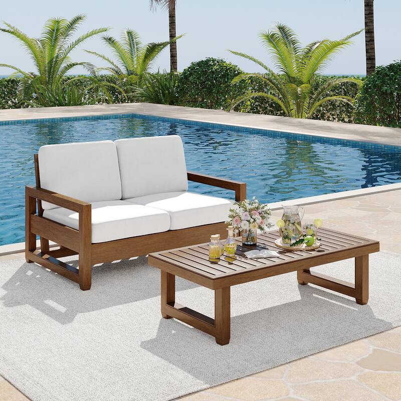 Teak Loveseat Patio Set with Cushions and Table (2-Piece) - Beige/Brown wood - Coffee table
