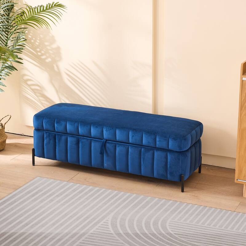49.21" Velvet Upholstered Storage Bench, End of Bed Footstool Ottomanwith Metal Legs, Foot Rest for Bedroom, Entryway