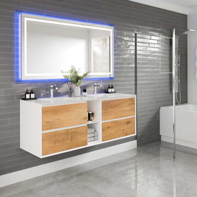 Eviva Vienna 60" WH Oak DS Bath Vanity with Integrated Acrylic Sinks
