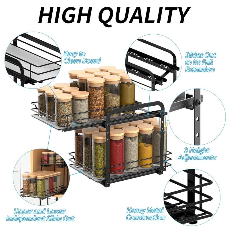 2-Tier Spice Rack, Pull Out Cabinet Organizer Spice Racks Height Adjustable Heavy Duty Metal Basket (7.5''Wx10.5''Dx9.5''H)