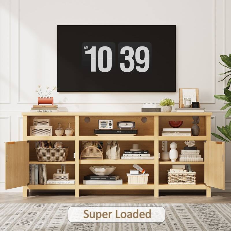 Gyomojoy 71" LED Farmhouse TV Stand for 75-85 Inch TV, Modern Boho Media Console with RGB Lights, 2 Doors & Adjustable Shelves.