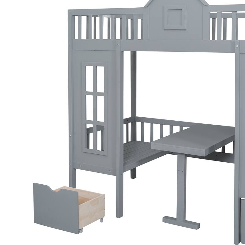 Full Size Wooden Loft Bunk Bed with Table, Seats, and Storage Shelves