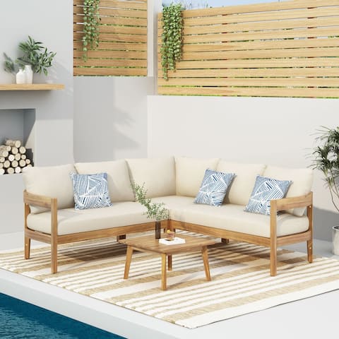Brooklyn Outdoor Acacia Wood 5 Seater Sectional Sofa Chat Set with Cushions by Christopher Knight Home