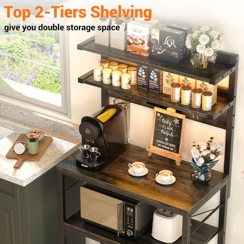Bakers Rack Kitchen Storage Shelf with Power Outlets and RGB LED Lights,5 Tiers Coffee Bar Station,Microwave Stand