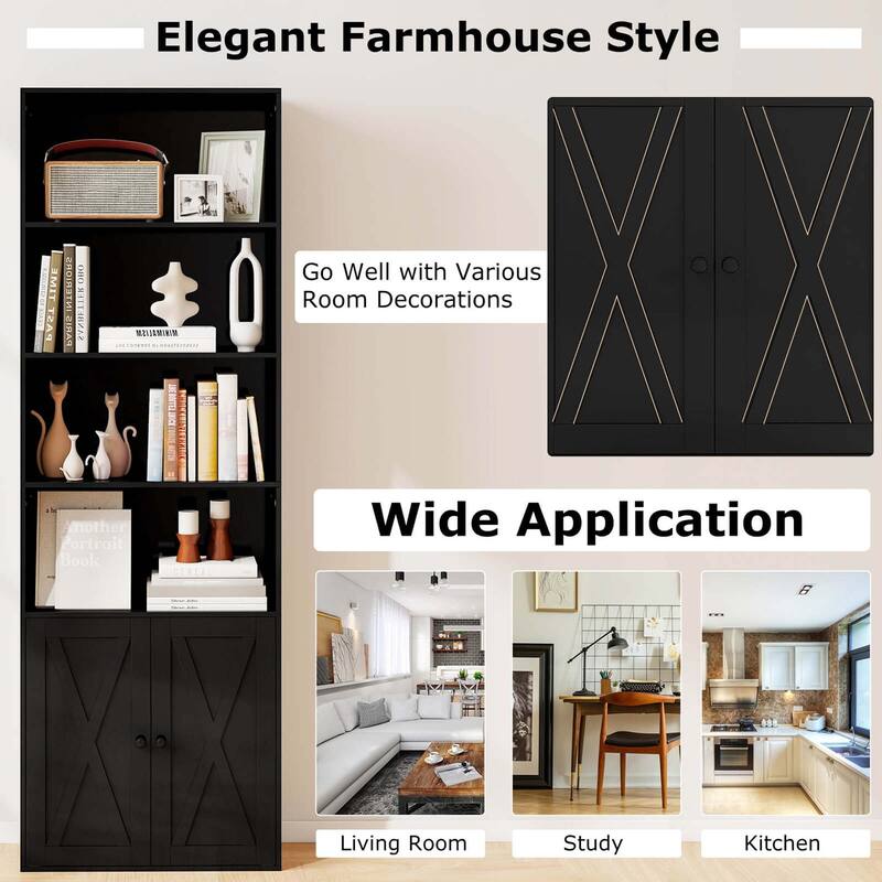 Costway 71" Farmhouse Bookcase with Doors with 6 Shelves & 2-Door - See Details