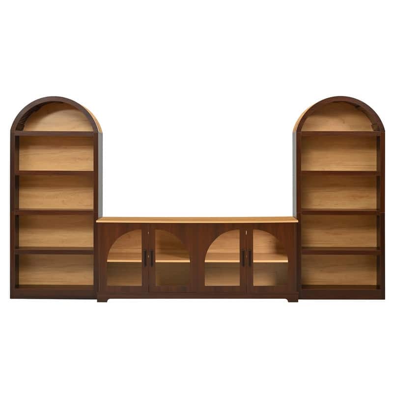 Farmhouse 3-Piece TV Stand Set for TVs Up to 70", Entertainment Center with Arched Sideboard and Glass Doors for Living Room