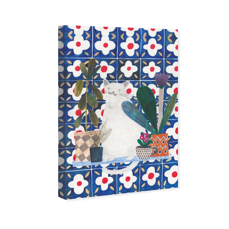 Wynwood Studio Canvas Floral and Botanical Cat in the Kitchen Green and Dark Green Rustic Wall Art Canvas Print