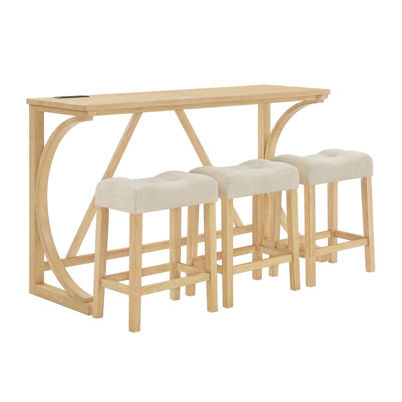 59" Bar Table Set with Power Outlet, Industrial Breakfast Table with 3 Stools, 4 Piece Counter Height Bar Table and Chair Set