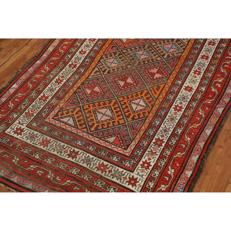 Hand Knotted Oriental 100% Wool Carpet Traditional Geometric Oranges & Rust Kazak Runner Rug - 8' 6'' X 3' 8''