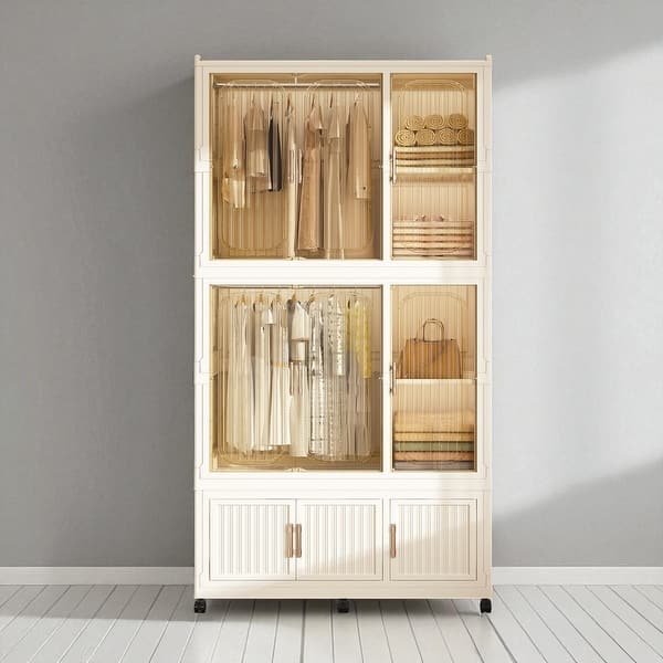 slide 2 of 8, Portable Wardrobe Closet with 9 Magnetic Doors, 9 Cubes, 2 Hanging Rods, 6 Hangers & Wheels, Plastic Storage Organizer Cream White