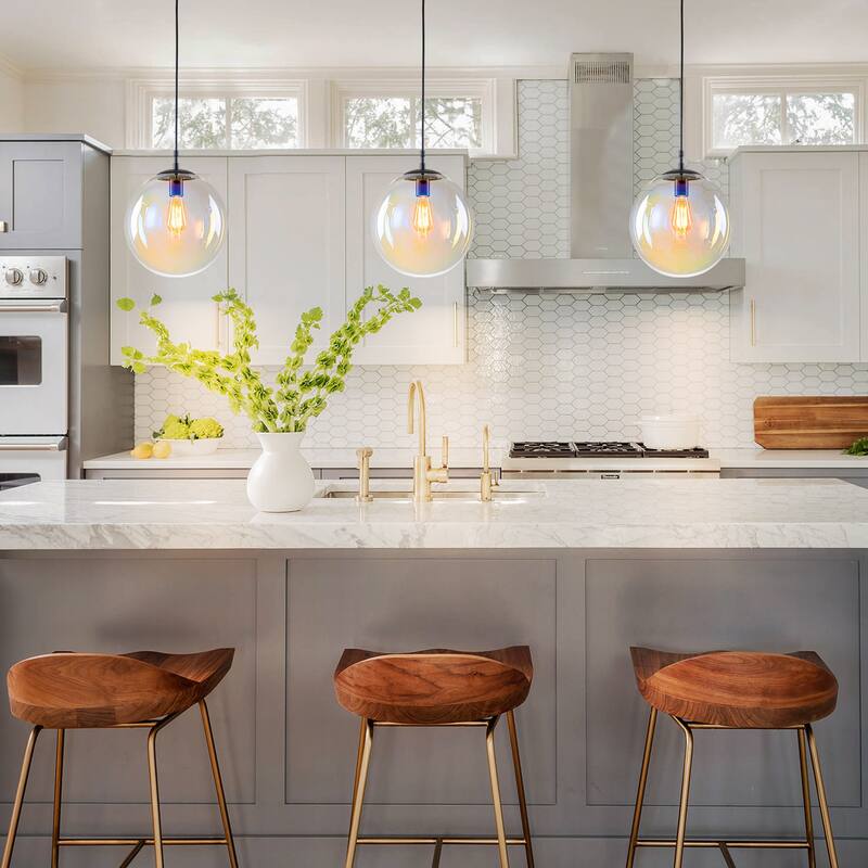 1-Light Modern Boho Iridescent Iron & Hand-Blown Glass Pendant Light for Dining Room - 1 Light