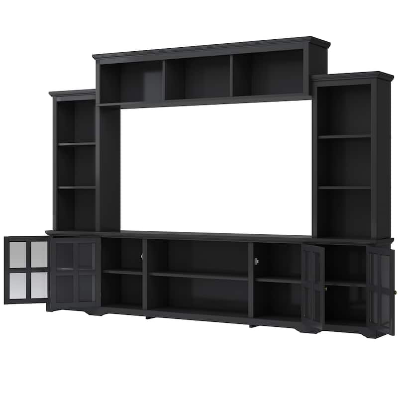 Roomfitters Minimalist Entertainment Wall Unit with Bridge, Modern TV Stand with Tempered Glass Door and Storage