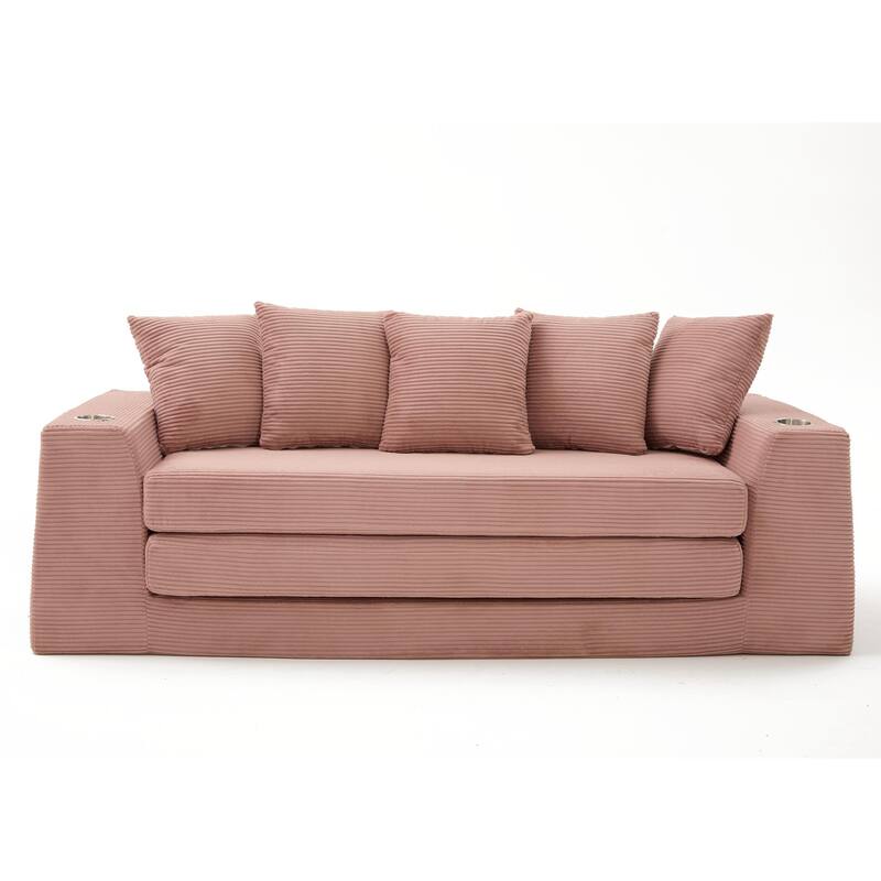 Modern Convertible Loveseat Sofa Bed, Corduroy Fabric Foldable Floor Couch w/5 Pillows, Side Pockets & Cup Holders, No Assembly