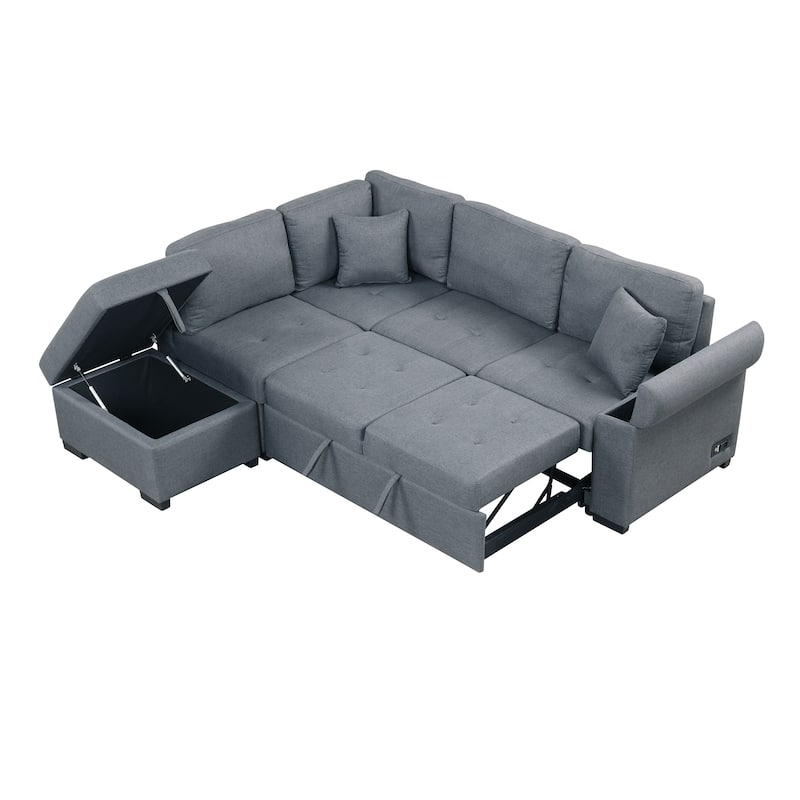 84.75'' L-Shape 5 Seat Sectional Sofa with Pull-Out Bed, Storage Ottoman, Hidden Arm Storage & USB Charging