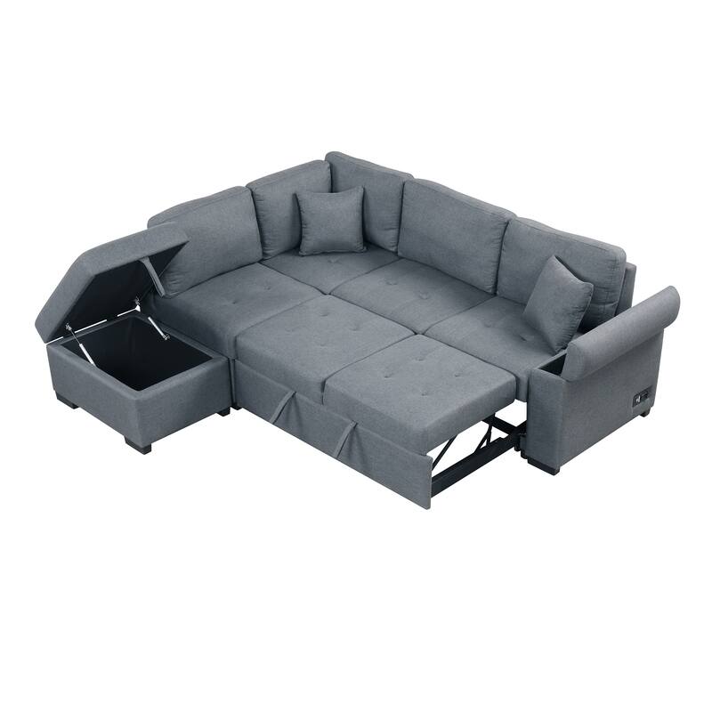 Grey 84.75'' L-Shaped 5-Seat Sleeper Sectional Sofa with Storage Ottoman, Hidden Arm Storage, and USB Charging for Living Room