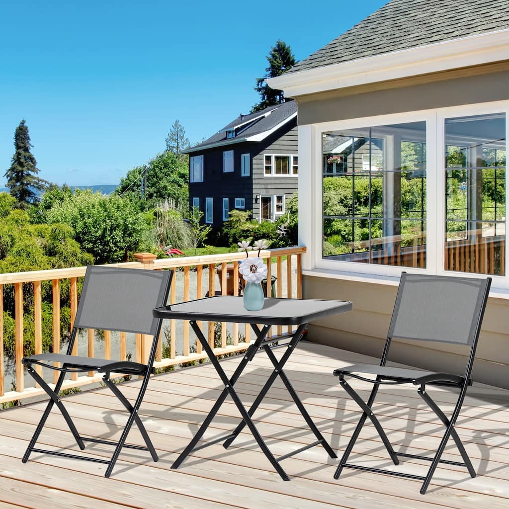 Outsunny 3-Piece Garden Bistro Set, Outdoor Folding Dining Set with Glass Table Top, 2 Folding Chairs, Steel Frame