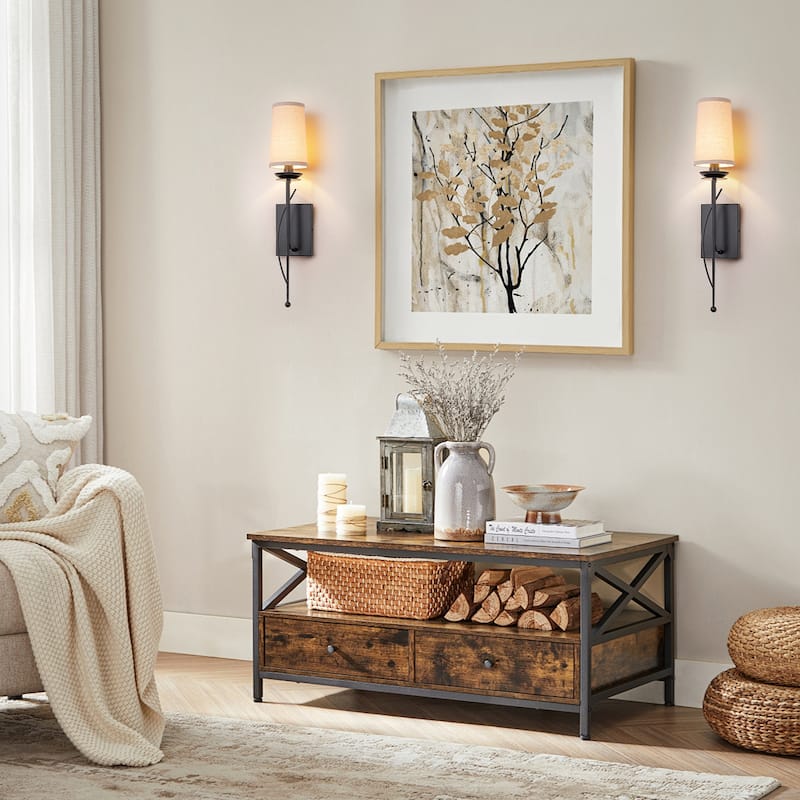 1-Light Matte Black Metal Wall Sconce Cone-Shaped Beige Linen Shade