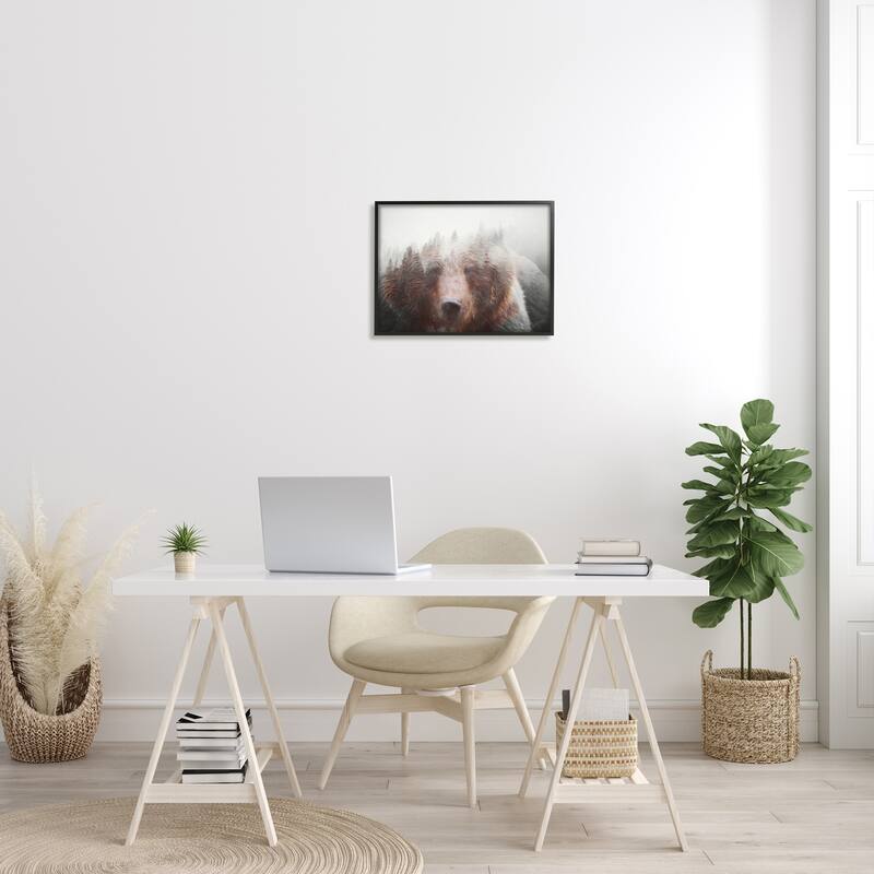 Stupell Abstract Wildlife Brown Bear Foggy Weather Forest Framed Wall Art - White