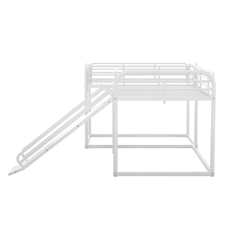 Full and Twin L-Shaped Metal Bunk Bed with Slide, Ladder, and Guardrails for Kids