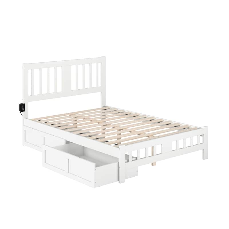 Full Bed with Drawers - White Platform Bed Frame, Solid Wood Bed, Modern Bedroom Furniture