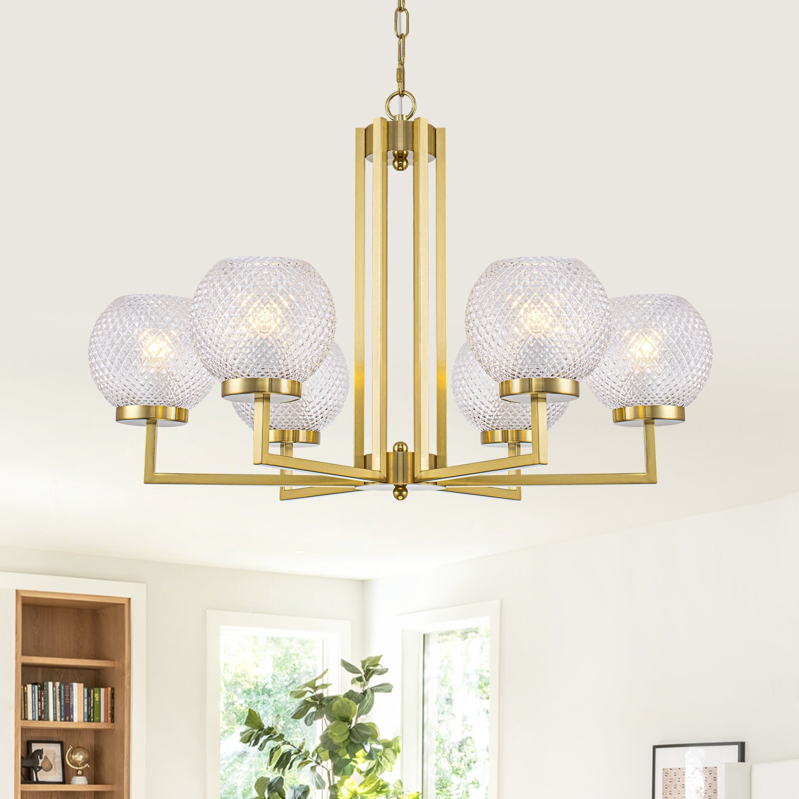 6-Light Modern Hanging Chandelier Textured Glass Globe Shades Dining - Dia.27.56 inch