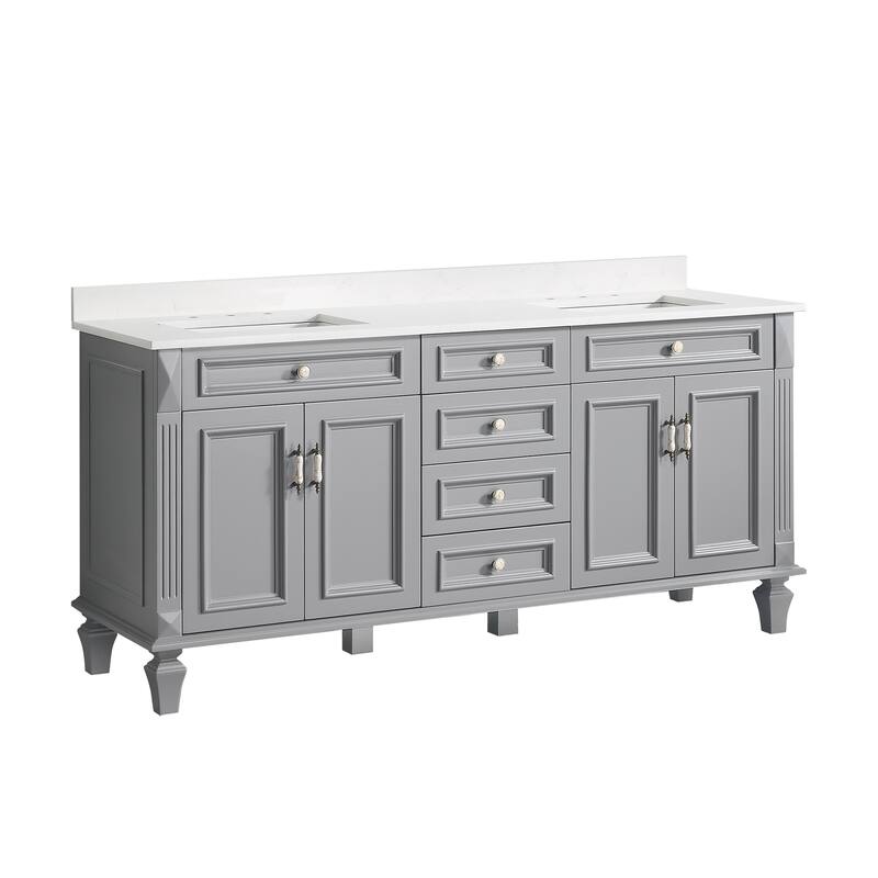 35'' H Solid Wood Bath Vanity with Stain-resistant Carrera White Quartz Top and Double Sink
