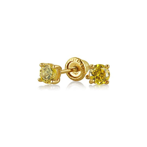 Tiny Cubic Zirconia Canary Yellow Imitation Citrine CZ Round Solitaire Stud Earrings Real 14K Yellow Gold Screwback