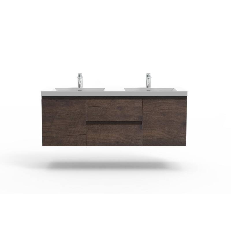 ABRUZZO 60" Floating Bathroom Double Vanity with Integrated Resin Top 2 Basins 2 Cabinets 2 Soft Close Drawers Full Assembly