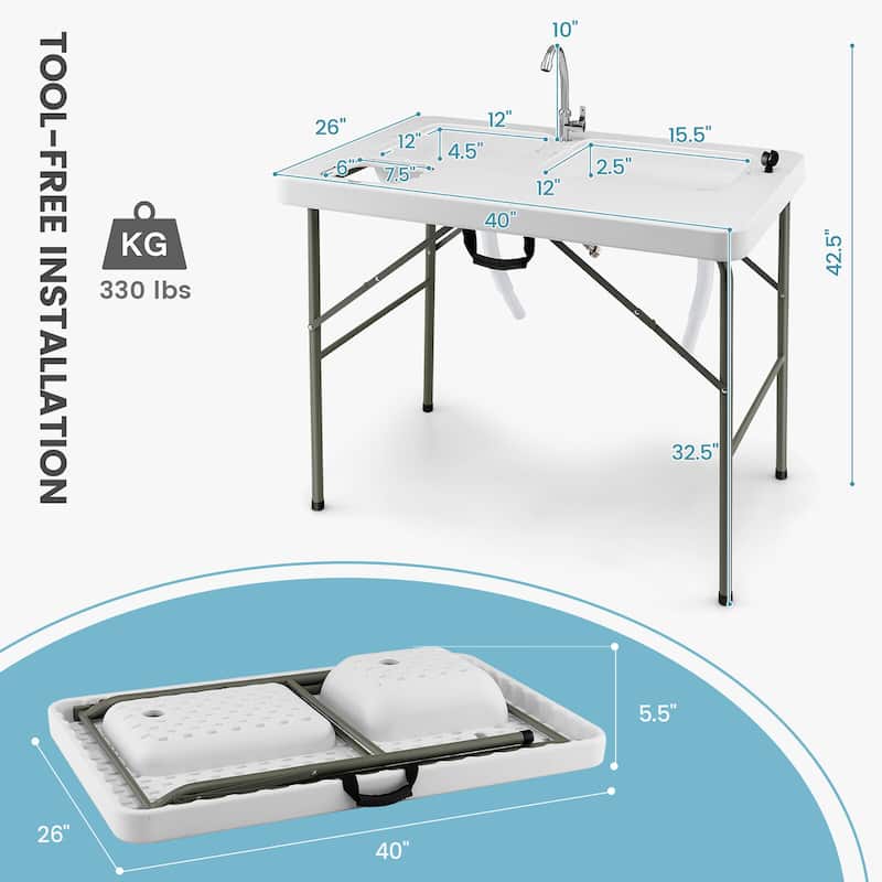 Gymax Folding Fish Cleaning Table w 2 Built-in Sinks Rotatable Faucet