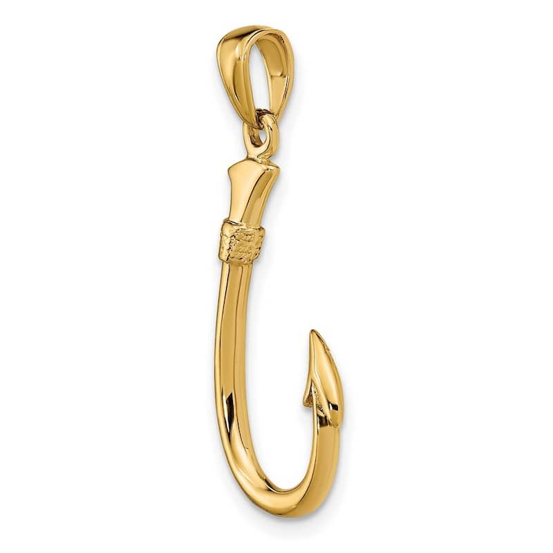 Curata 14k Yellow Gold 18" Textured Polished 3-D Fishing Hook Pendant Necklace - 32.7x13.3mm