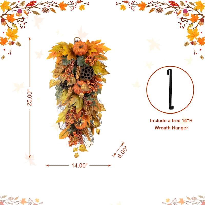 Glitzhome 26"H Fall Sunflower Pumpkin Lotus Leaf Teardrop Swag for Thanksgiving