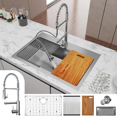 TECASA 33 in. 18-Gauge Dual-Mount Workstation Kitchen Sink with Faucet and Accessories - 33"x 22"