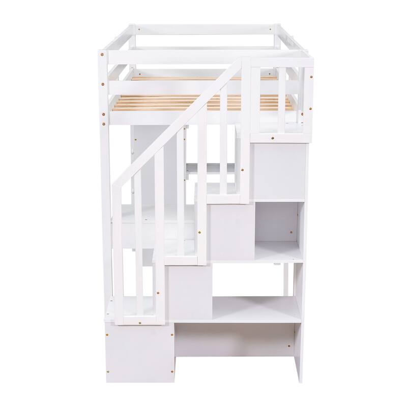 White Twin Loft Bed with Storage Drawers, Desk, Shelves and Stairs - Space Saving Wooden Design