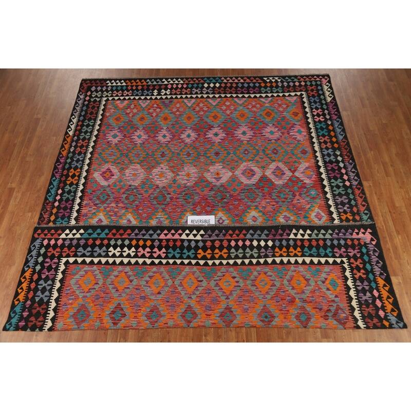 Kilim Area Rug Hand-Woven Geometric Wool Carpet - 10'4" x 13'2"