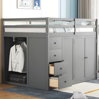 Roomfitters Full Size Wood Loft Bed with Built-In Wardrobes, Cabinets and Drawers